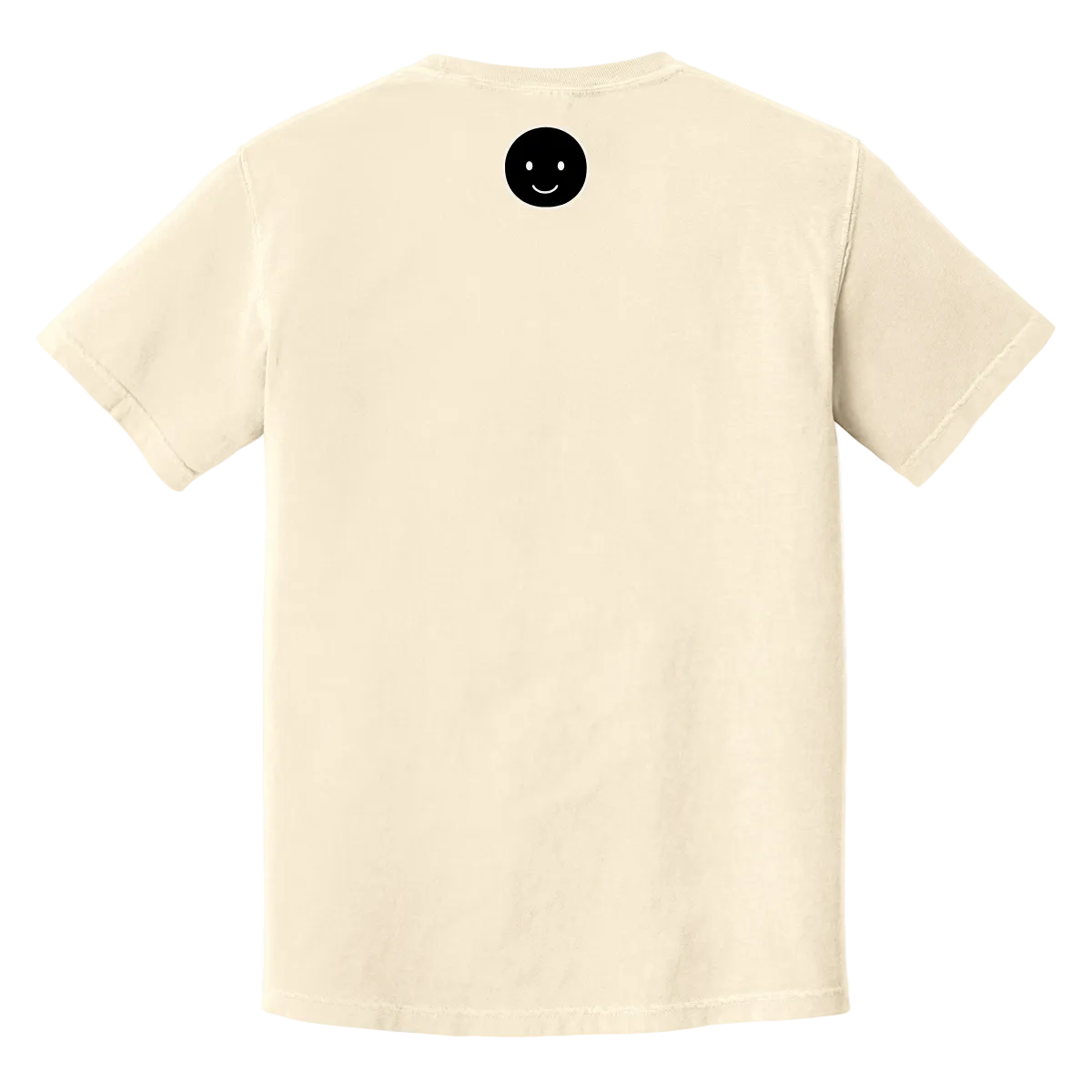 Beige t-shirt with a black smiley face button on a white background